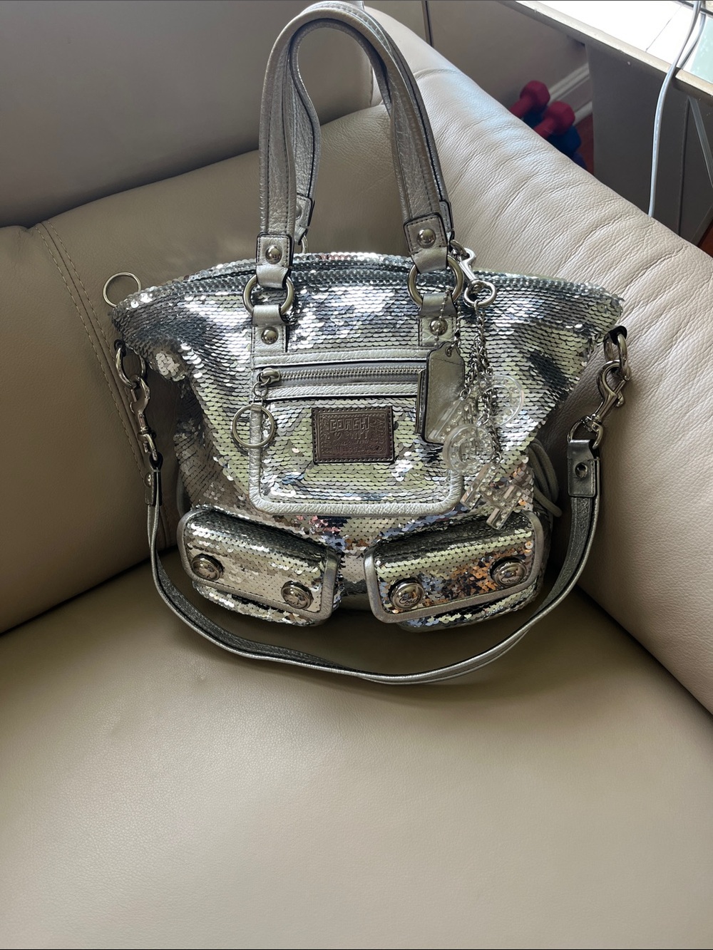 Coach poppy silver sequin spotlight 2way Shoulder Bag with Top Handles